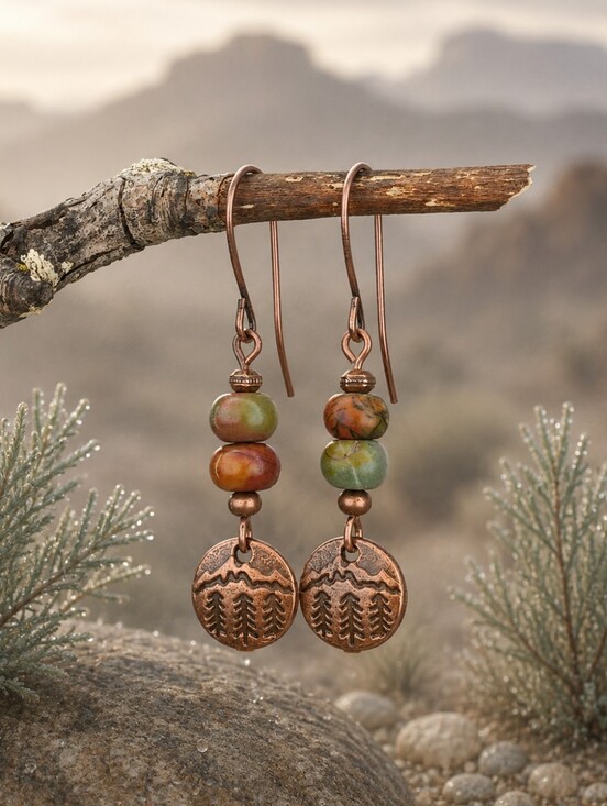 Hand Crafted Jewelry - Red Creek Jasper Earrings Copper Mountain Pine Tree Nature Hand Crafted